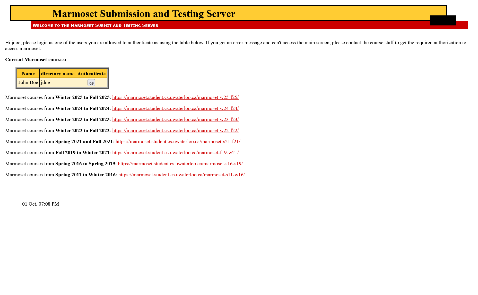 Screenshot of Marmoset's authentication page